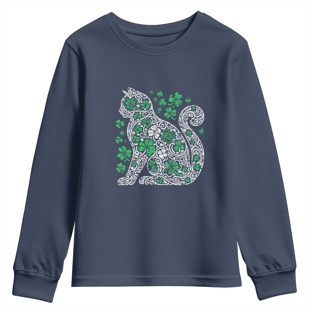Irish Shamrock Cat Graphic Youth Sweatshirt Saint Patrick Day for Cat Lovers TS02 Navy Print Your Wear