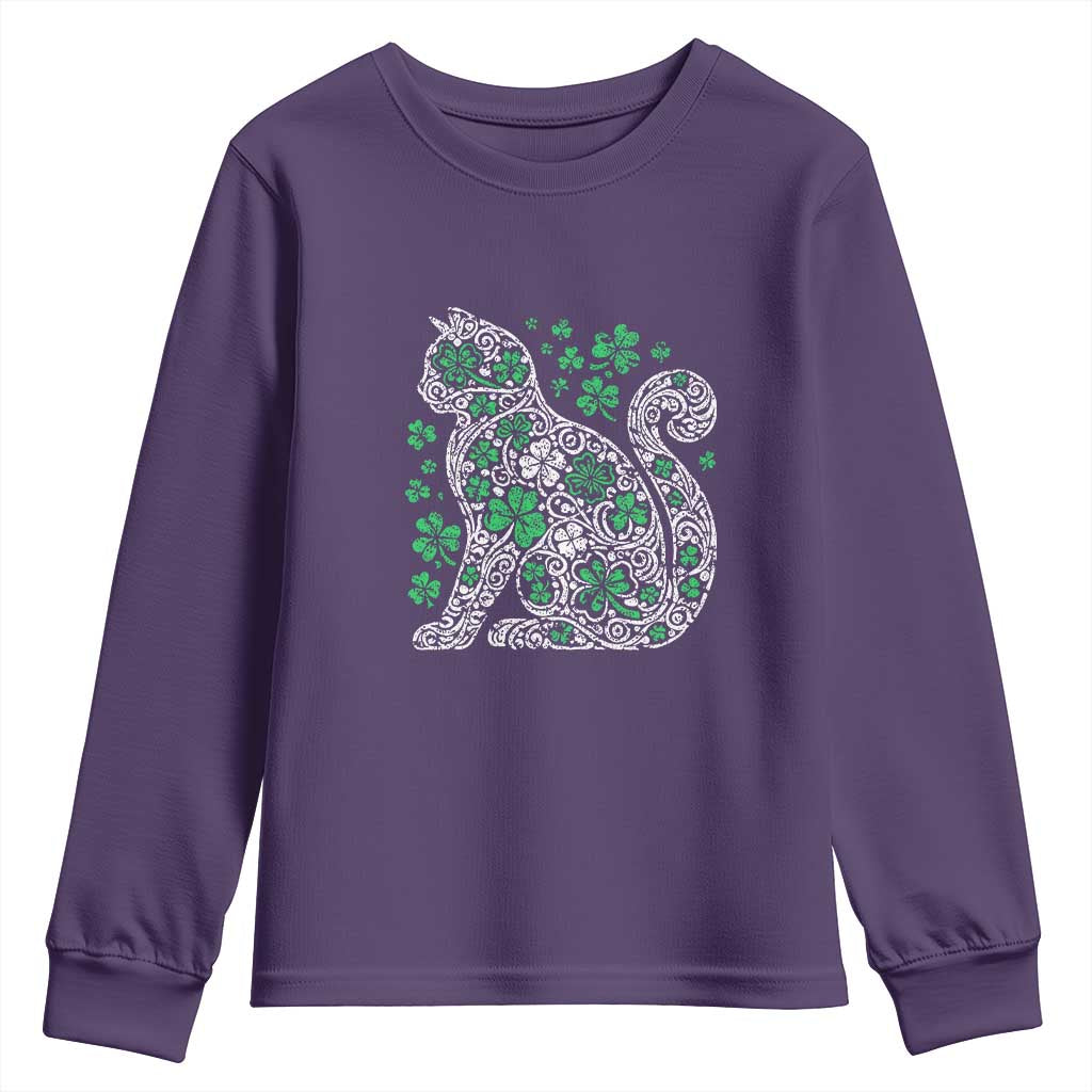 Irish Shamrock Cat Graphic Youth Sweatshirt Saint Patrick Day for Cat Lovers TS02 Purple Print Your Wear