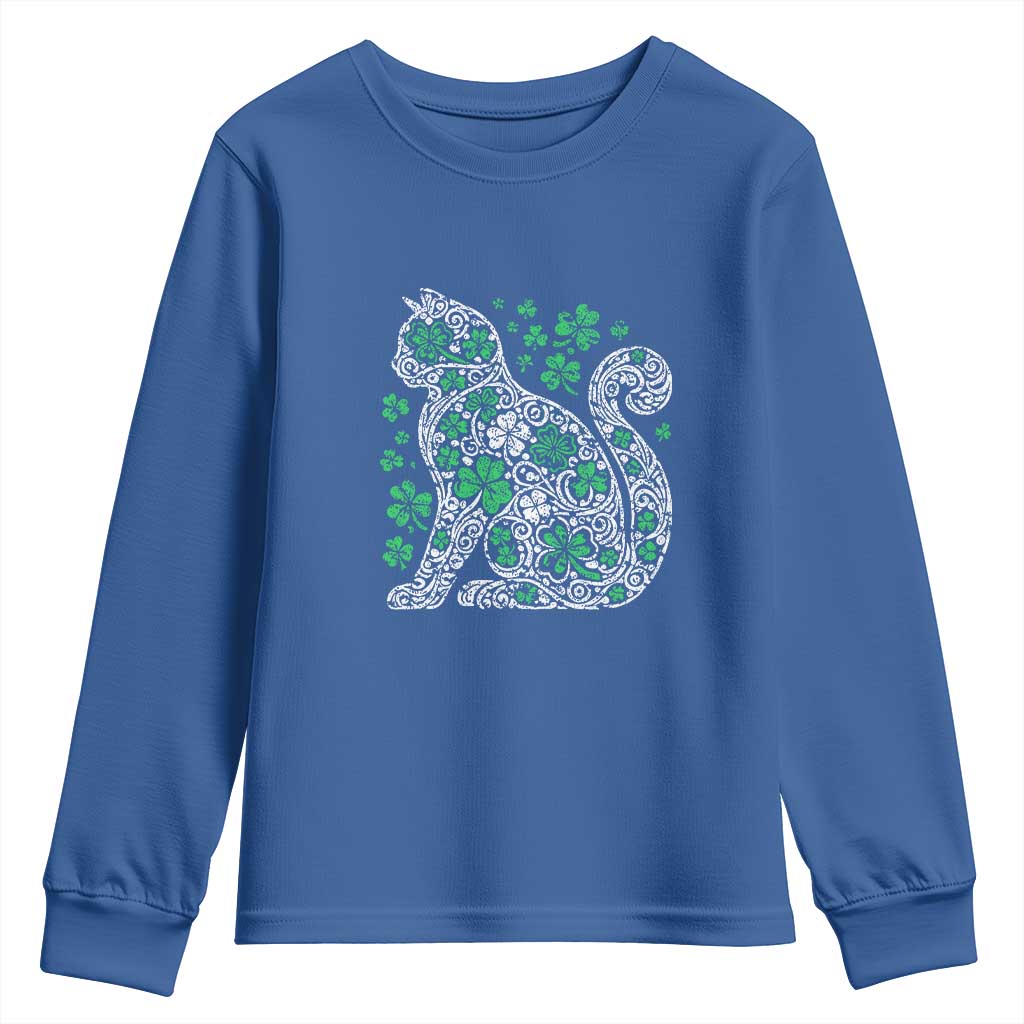 Irish Shamrock Cat Graphic Youth Sweatshirt Saint Patrick Day for Cat Lovers TS02 Royal Blue Print Your Wear