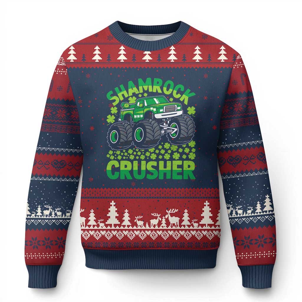 Funny Shamrock Crusher Monster Truck Ugly Christmas Sweater Happy St Patricks Day Boys TS02 Navy Red Print Your Wear