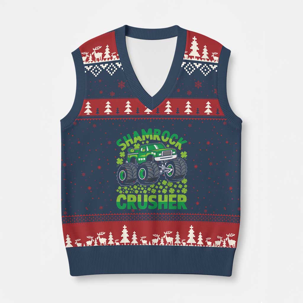 Funny Shamrock Crusher Monster Truck V-Neck Knit Sweater Vest Happy St Patricks Day Boys TS02 Navy Red Print Your Wear