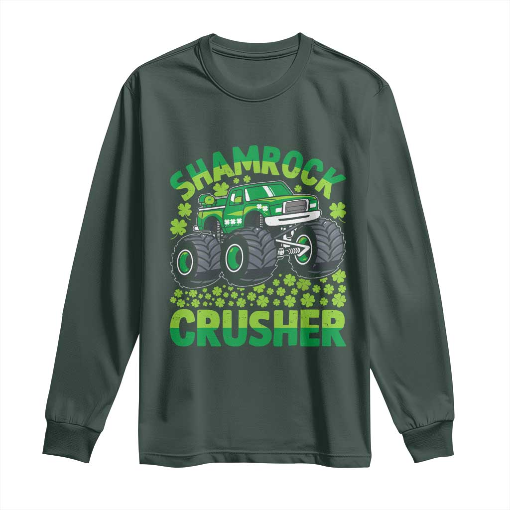 Funny Shamrock Crusher Monster Truck Long Sleeve Shirt Happy St Patricks Day Boys TS02 Dark Forest Green Print Your Wear