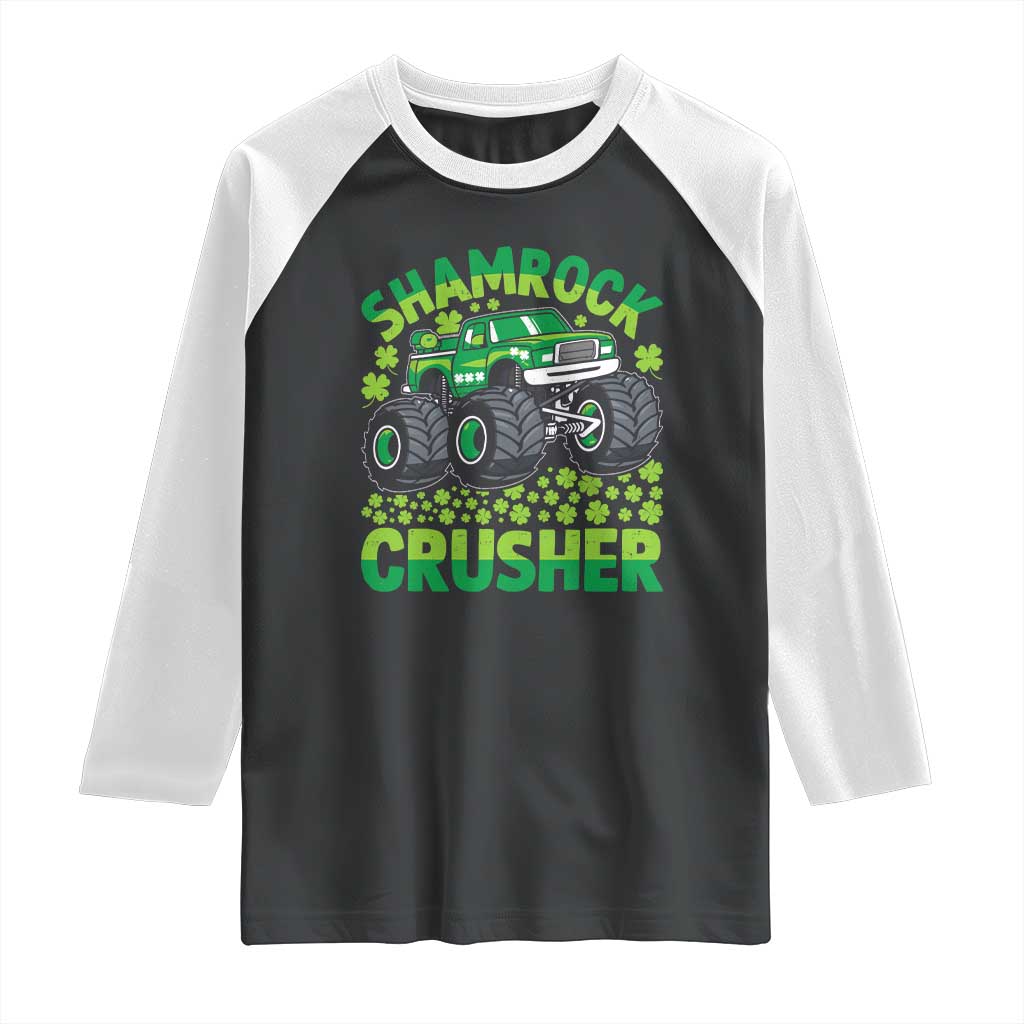 Funny Shamrock Crusher Monster Truck Raglan Shirt Happy St Patricks Day Boys TS02 Black White Print Your Wear