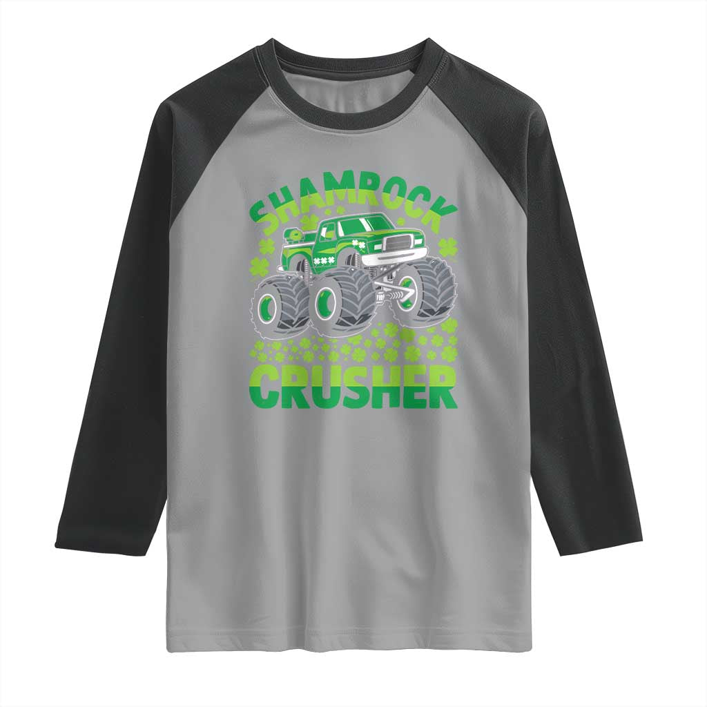 Funny Shamrock Crusher Monster Truck Raglan Shirt Happy St Patricks Day Boys TS02 Sport Gray Black Print Your Wear