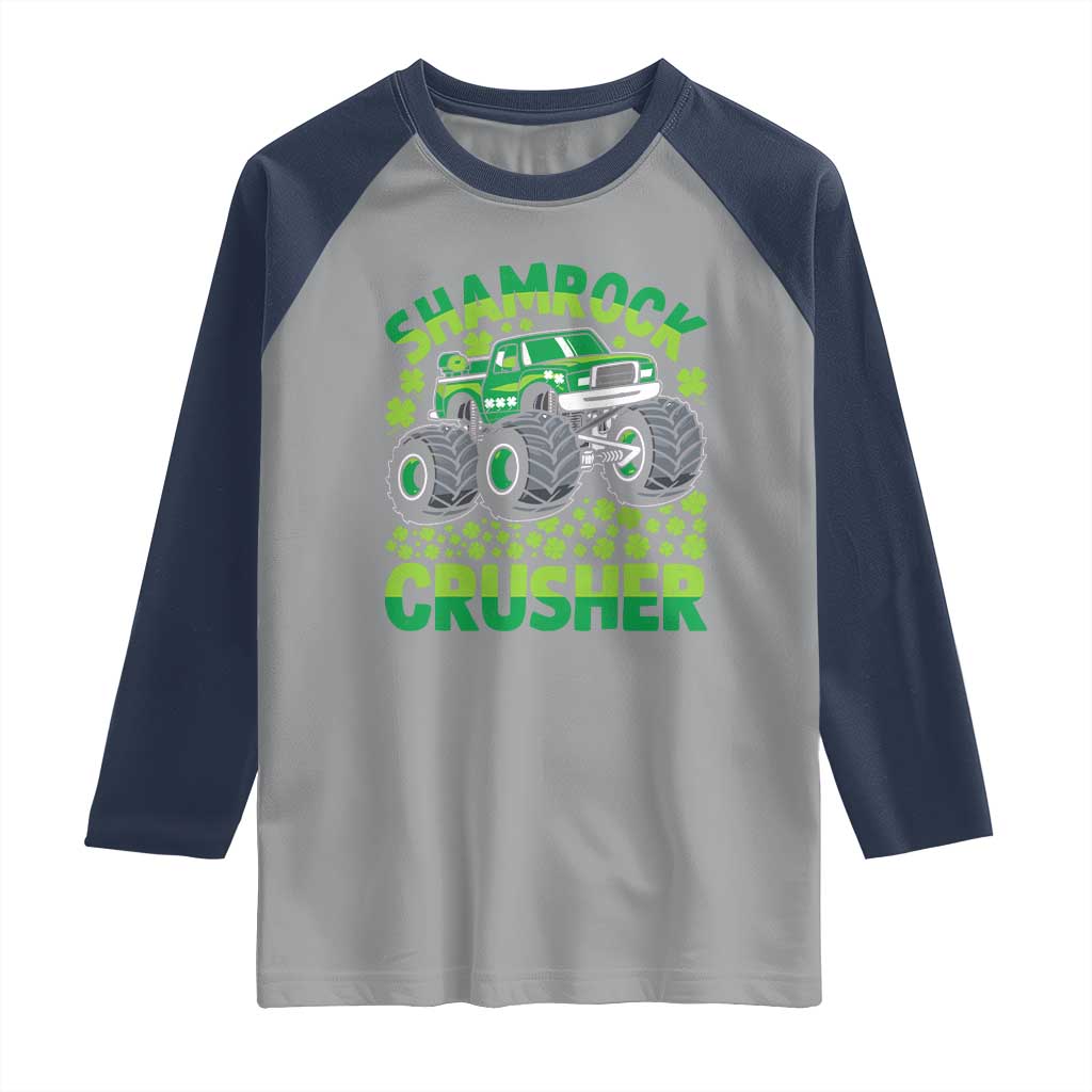 Funny Shamrock Crusher Monster Truck Raglan Shirt Happy St Patricks Day Boys TS02 Sport Gray Navy Print Your Wear