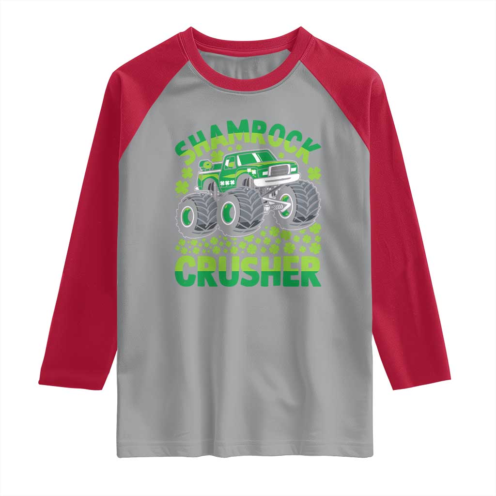 Funny Shamrock Crusher Monster Truck Raglan Shirt Happy St Patricks Day Boys TS02 Sport Gray Red Print Your Wear