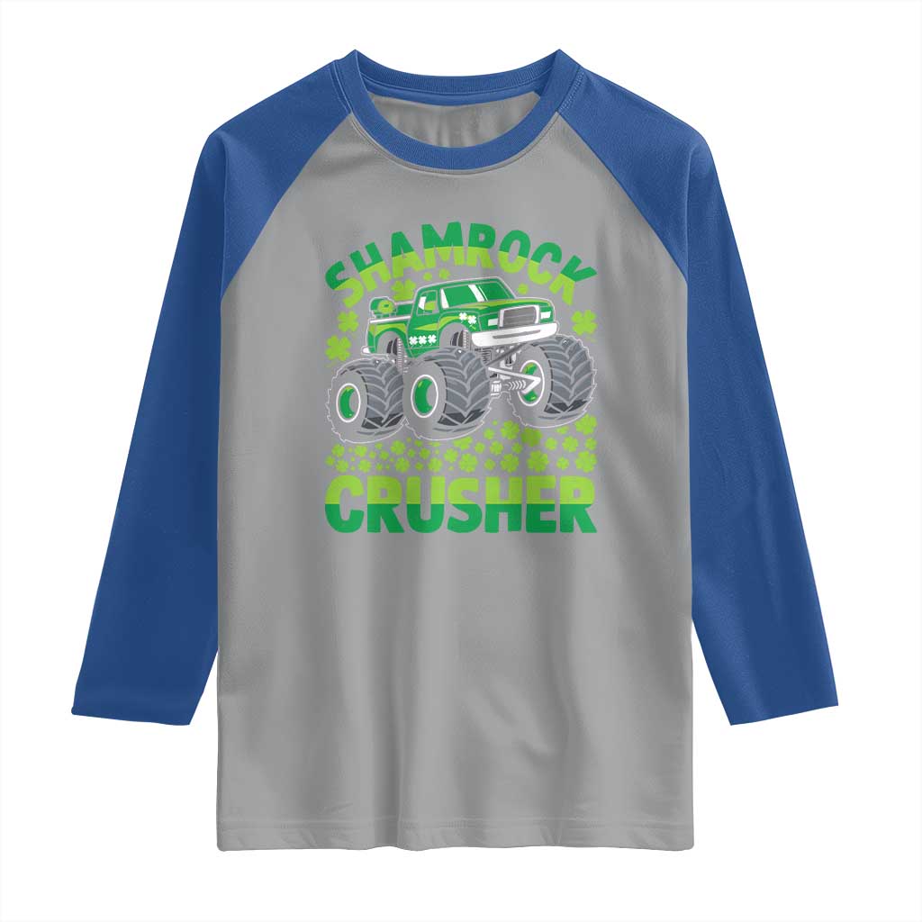 Funny Shamrock Crusher Monster Truck Raglan Shirt Happy St Patricks Day Boys TS02 Sport Gray Royal Print Your Wear