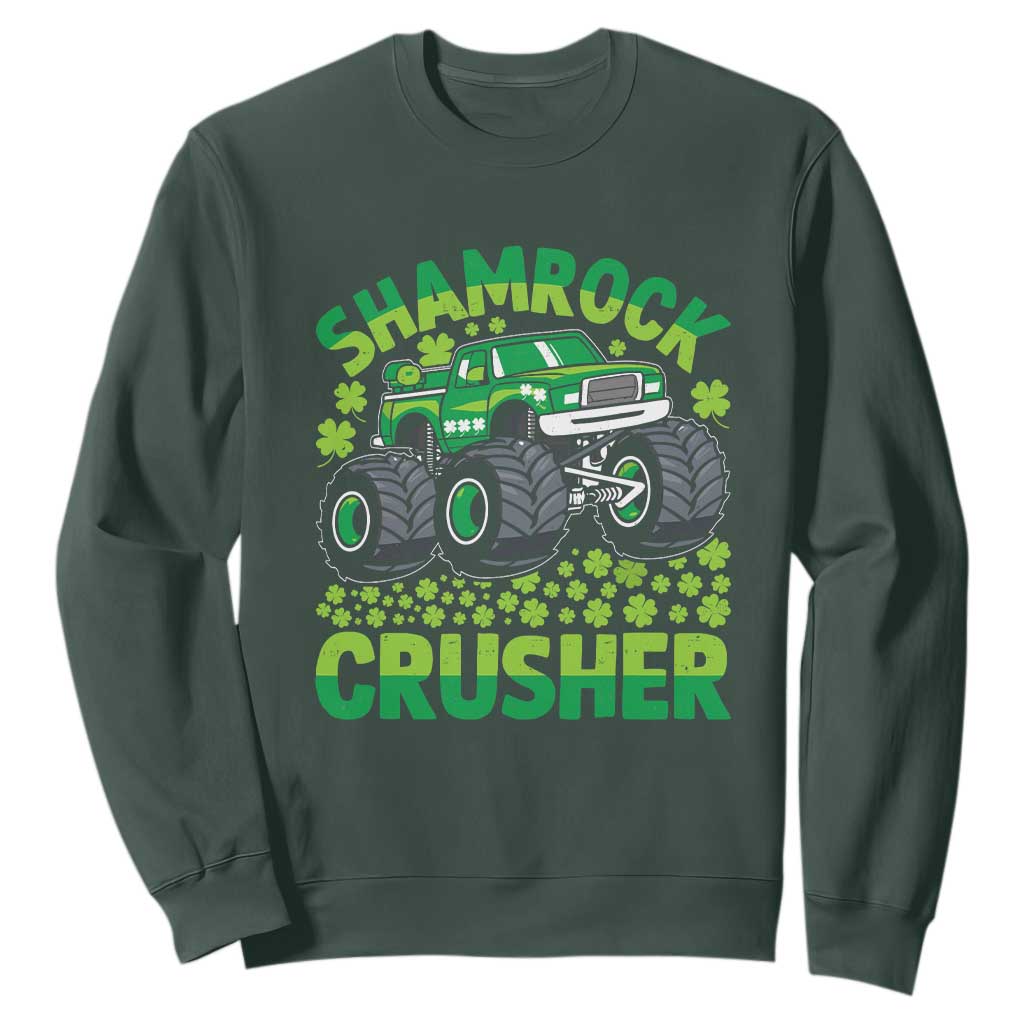 Funny Shamrock Crusher Monster Truck Sweatshirt Happy St Patricks Day Boys TS02 Dark Forest Green Print Your Wear