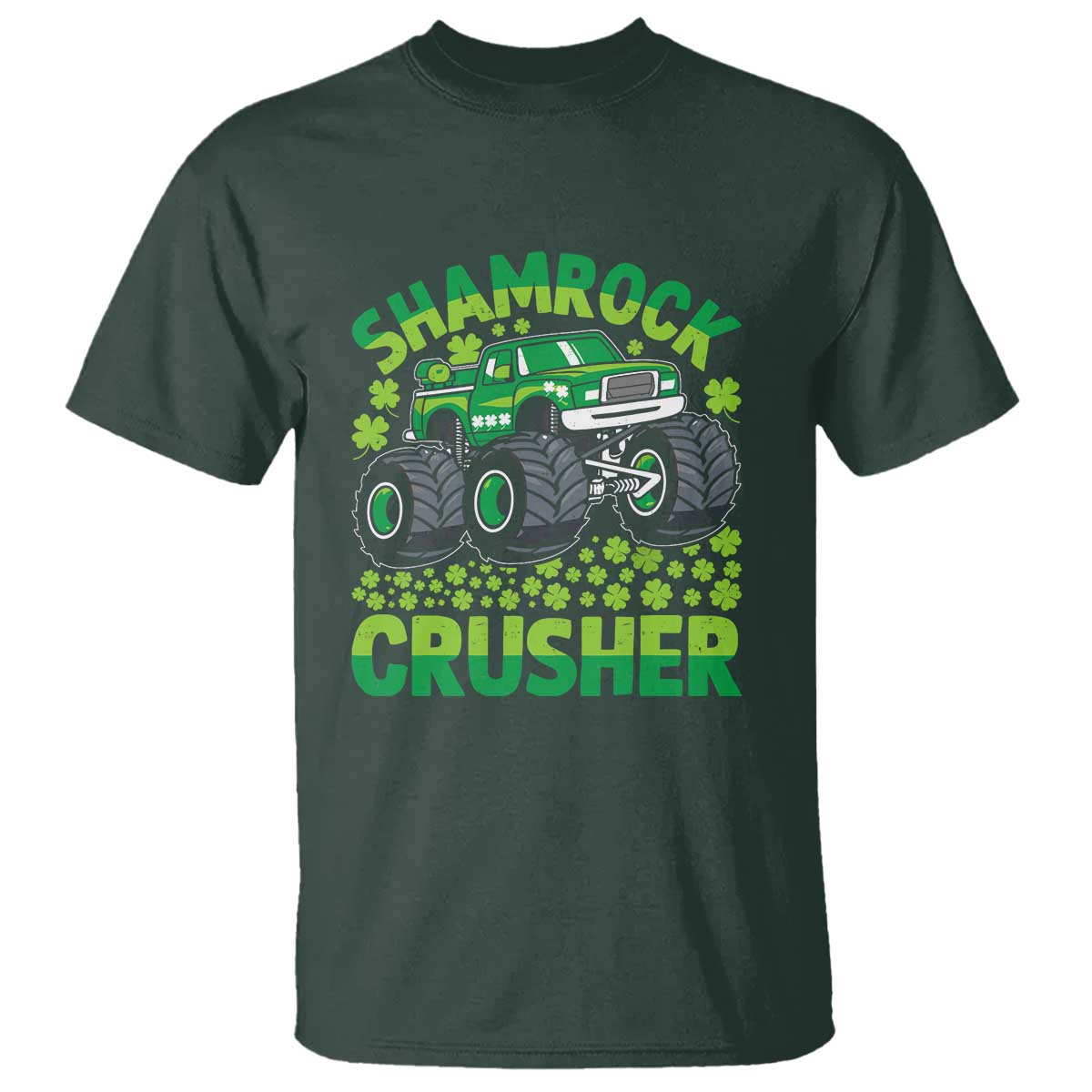 Funny Shamrock Crusher Monster Truck T Shirt Happy St Patricks Day Boys TS02 Dark Forest Green Print Your Wear