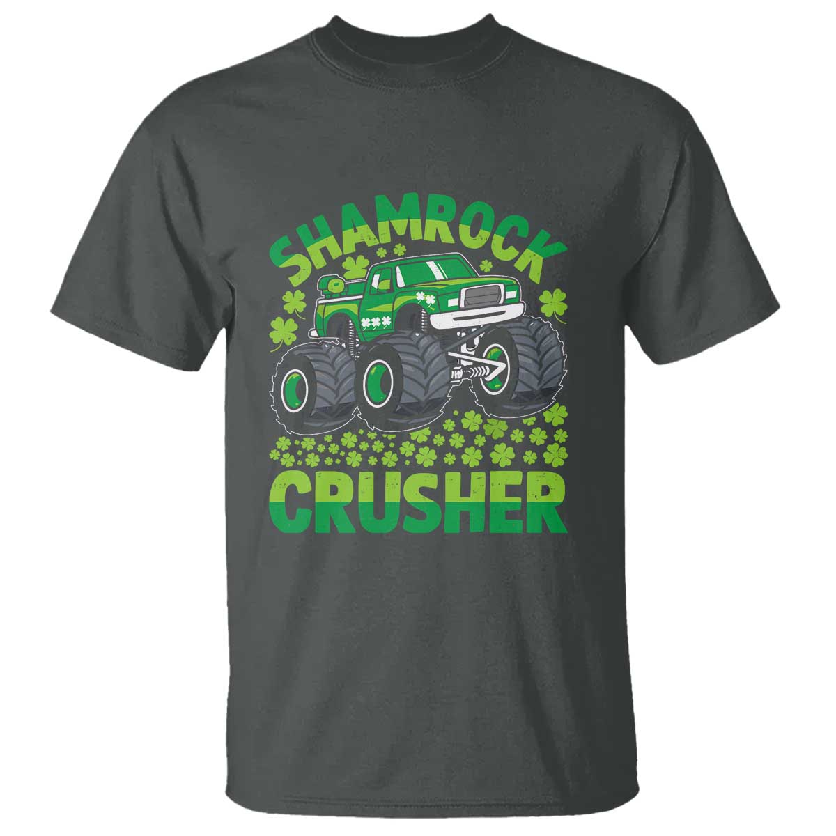 Funny Shamrock Crusher Monster Truck T Shirt Happy St Patricks Day Boys TS02 Dark Heather Print Your Wear