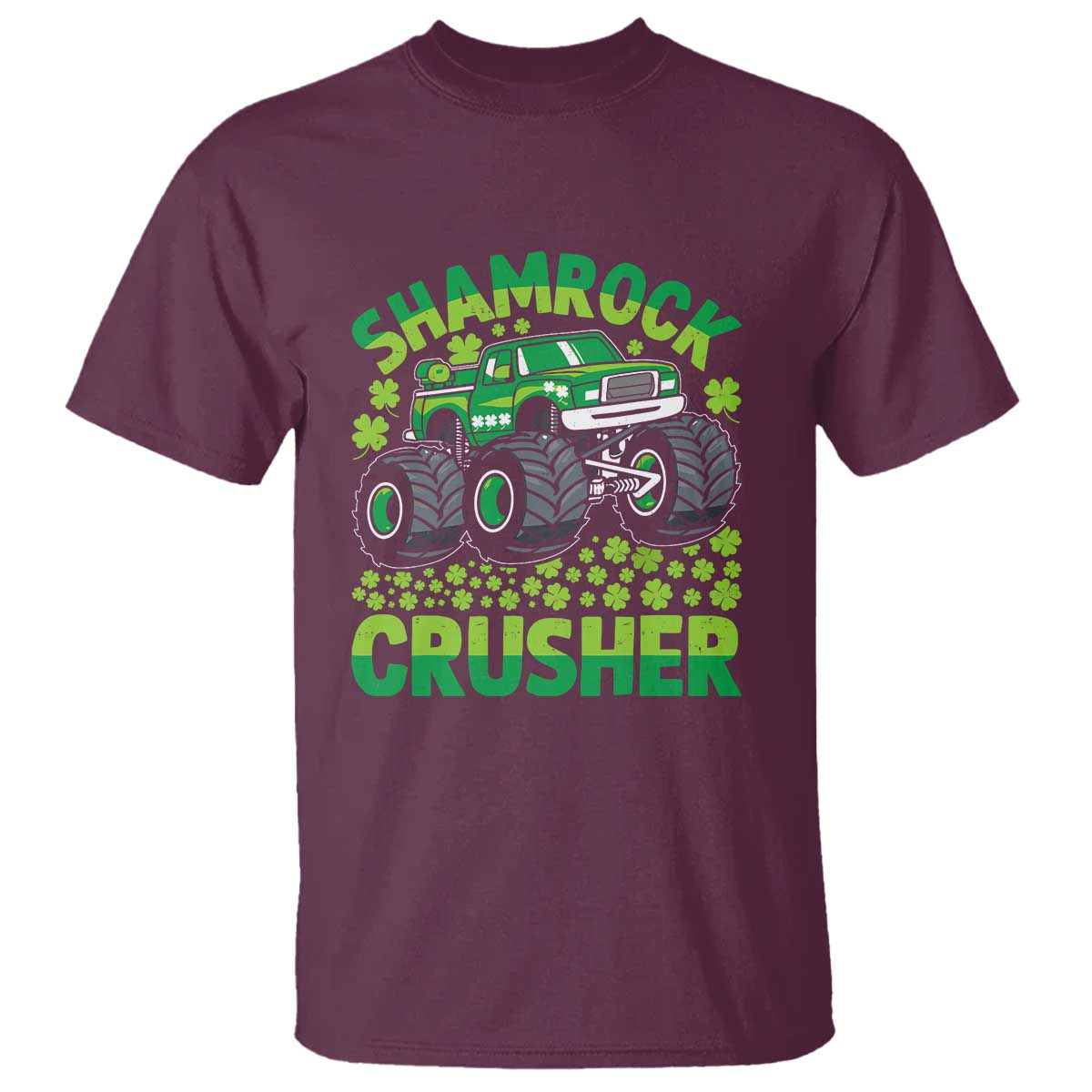 Funny Shamrock Crusher Monster Truck T Shirt Happy St Patricks Day Boys TS02 Maroon Print Your Wear