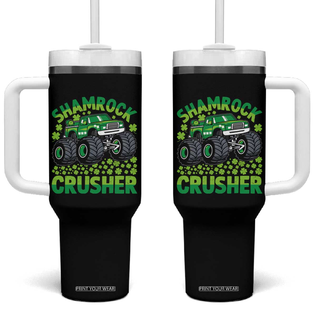 Funny Shamrock Crusher Monster Truck Tumbler With Handle Happy St Patricks Day Boys TS02 One Size: 40 oz Black Print Your Wear