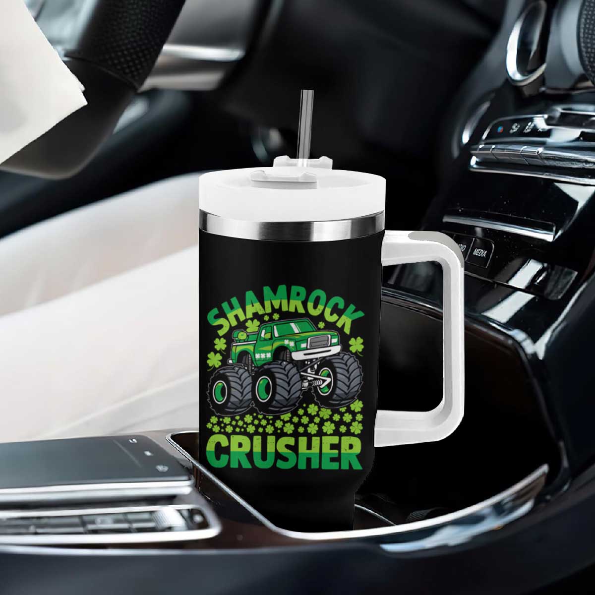 Funny Shamrock Crusher Monster Truck Tumbler With Handle Happy St Patricks Day Boys TS02 Print Your Wear