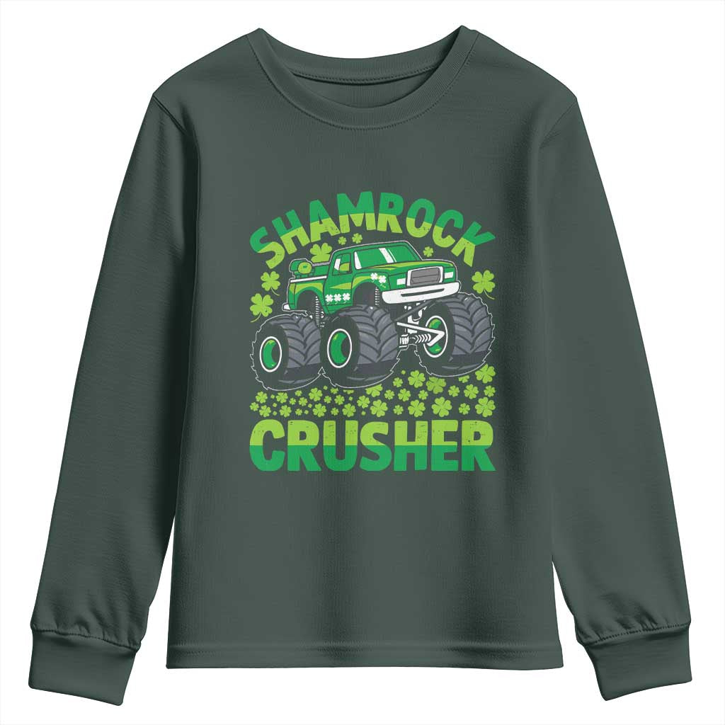 Funny Shamrock Crusher Monster Truck Youth Sweatshirt Happy St Patricks Day Boys TS02 Dark Forest Green Print Your Wear