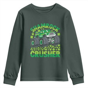 Funny Shamrock Crusher Monster Truck Youth Sweatshirt Happy St Patricks Day Boys TS02 Dark Forest Green Print Your Wear