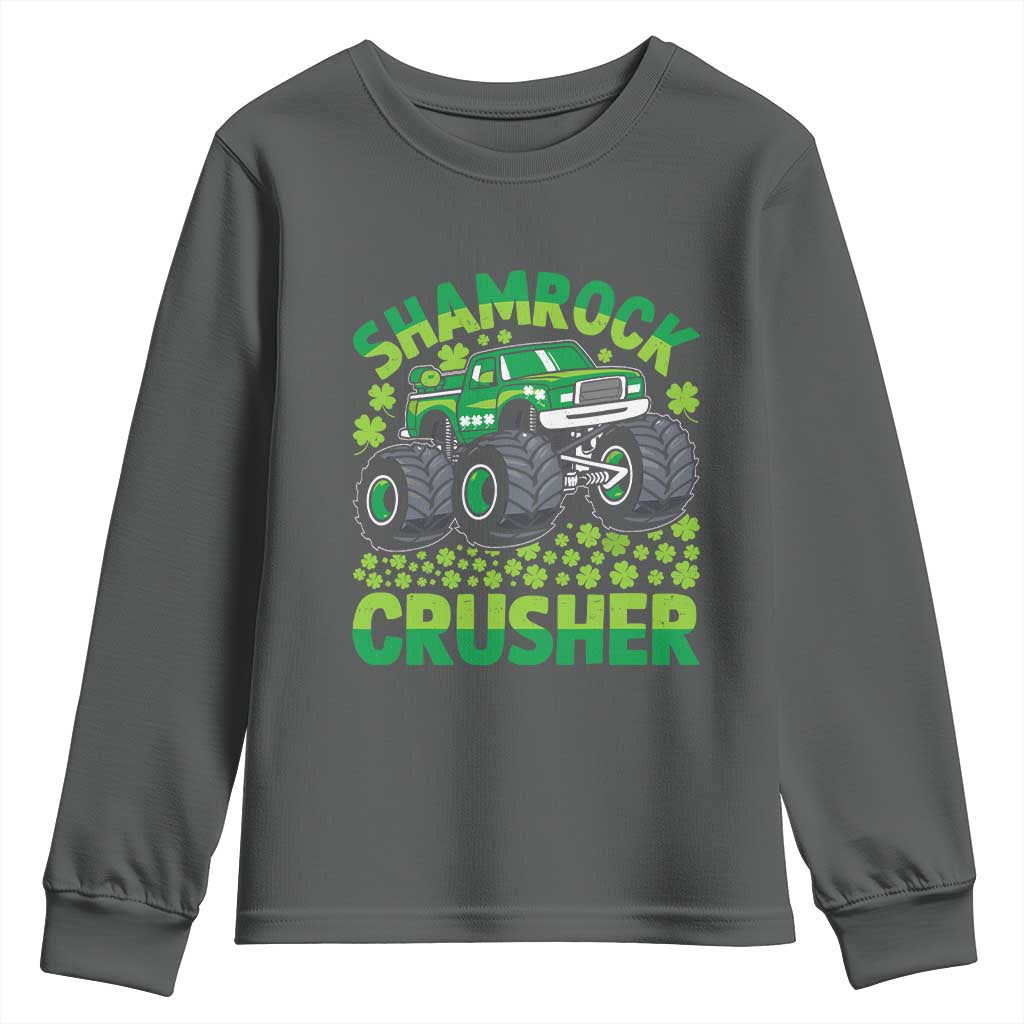 Funny Shamrock Crusher Monster Truck Youth Sweatshirt Happy St Patricks Day Boys TS02 Dark Heather Print Your Wear