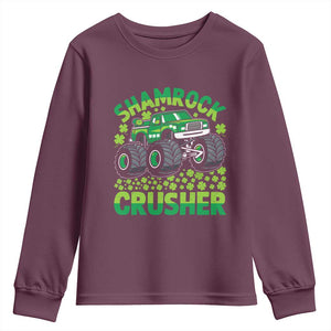 Funny Shamrock Crusher Monster Truck Youth Sweatshirt Happy St Patricks Day Boys TS02 Maroon Print Your Wear