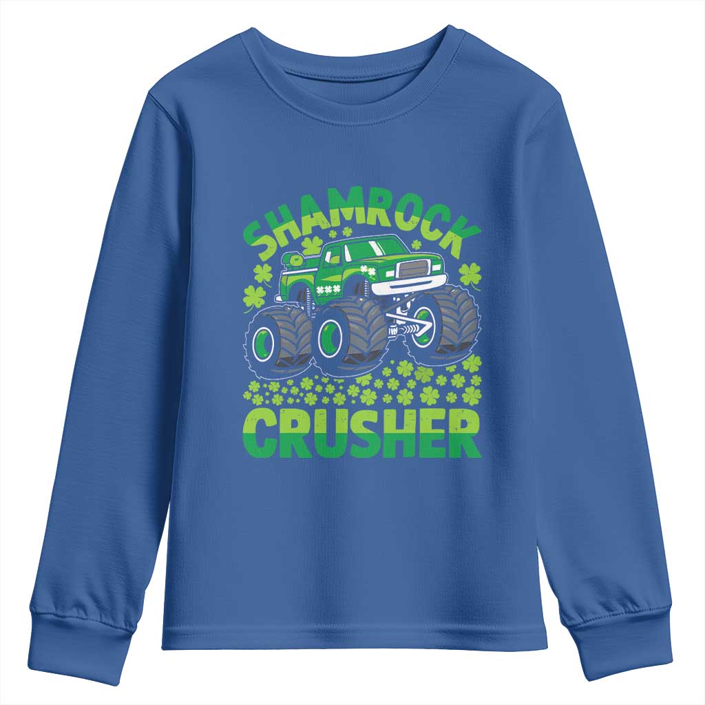 Funny Shamrock Crusher Monster Truck Youth Sweatshirt Happy St Patricks Day Boys TS02 Royal Blue Print Your Wear