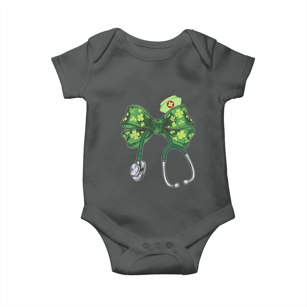 Shamrock Coquette Bow Stethoscope Baby Onesie Registered Nurse Nursing St Patricks Day TS02 Dark Heather Print Your Wear