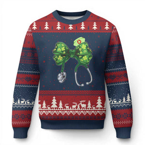 Shamrock Coquette Bow Stethoscope Ugly Christmas Sweater Registered Nurse Nursing St Patricks Day TS02 Navy Red Print Your Wear