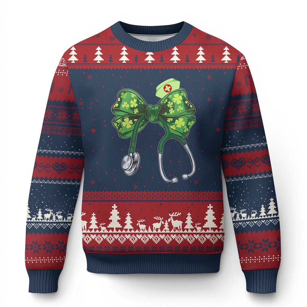 Shamrock Coquette Bow Stethoscope Ugly Christmas Sweater Registered Nurse Nursing St Patricks Day TS02 Navy Red Print Your Wear