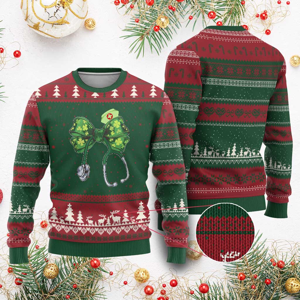 Shamrock Coquette Bow Stethoscope Ugly Christmas Sweater Registered Nurse Nursing St Patricks Day TS02 Red Green Print Your Wear