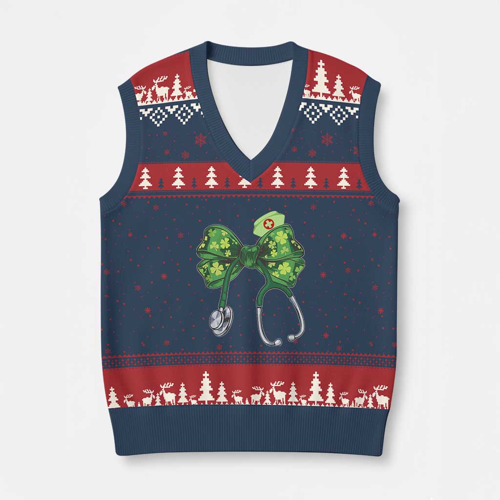 Shamrock Coquette Bow Stethoscope V-Neck Knit Sweater Vest Registered Nurse Nursing St Patricks Day TS02 Navy Red Print Your Wear