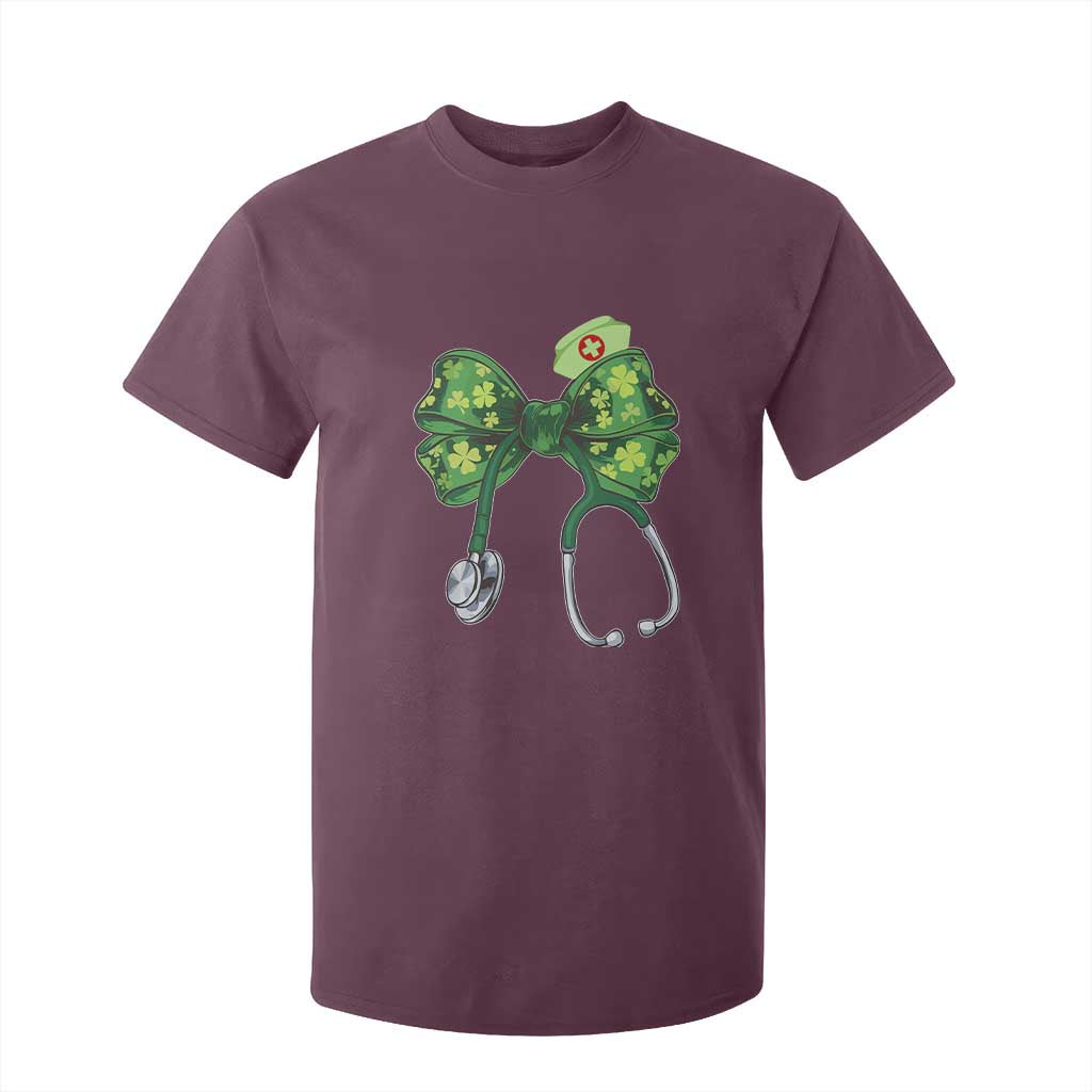 Shamrock Coquette Bow Stethoscope T Shirt For Kid Registered Nurse Nursing St Patricks Day TS02 Maroon Print Your Wear