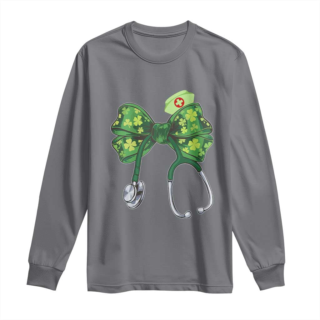 Shamrock Coquette Bow Stethoscope Long Sleeve Shirt Registered Nurse Nursing St Patricks Day TS02 Charcoal Print Your Wear