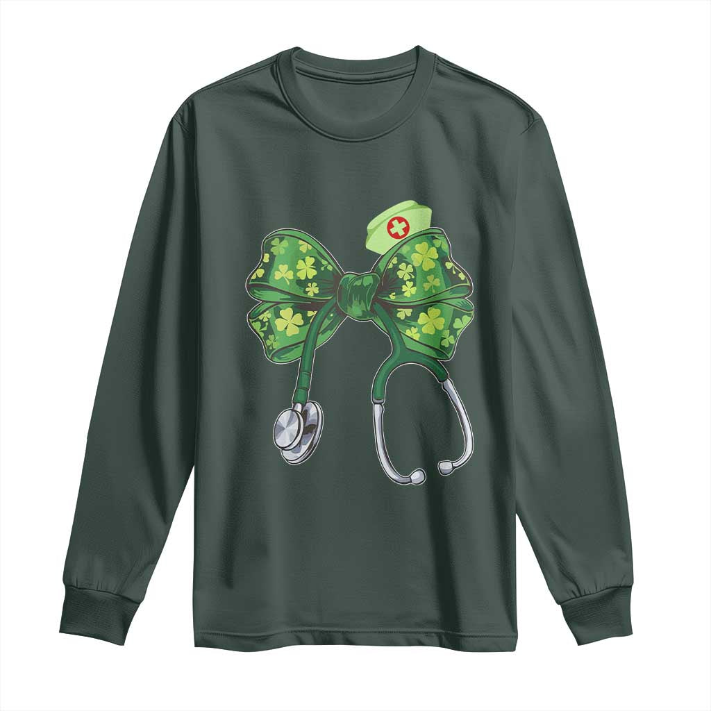 Shamrock Coquette Bow Stethoscope Long Sleeve Shirt Registered Nurse Nursing St Patricks Day TS02 Dark Forest Green Print Your Wear