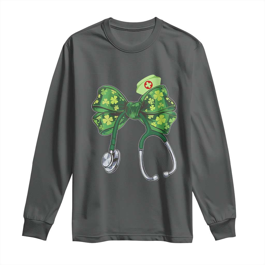 Shamrock Coquette Bow Stethoscope Long Sleeve Shirt Registered Nurse Nursing St Patricks Day TS02 Dark Heather Print Your Wear
