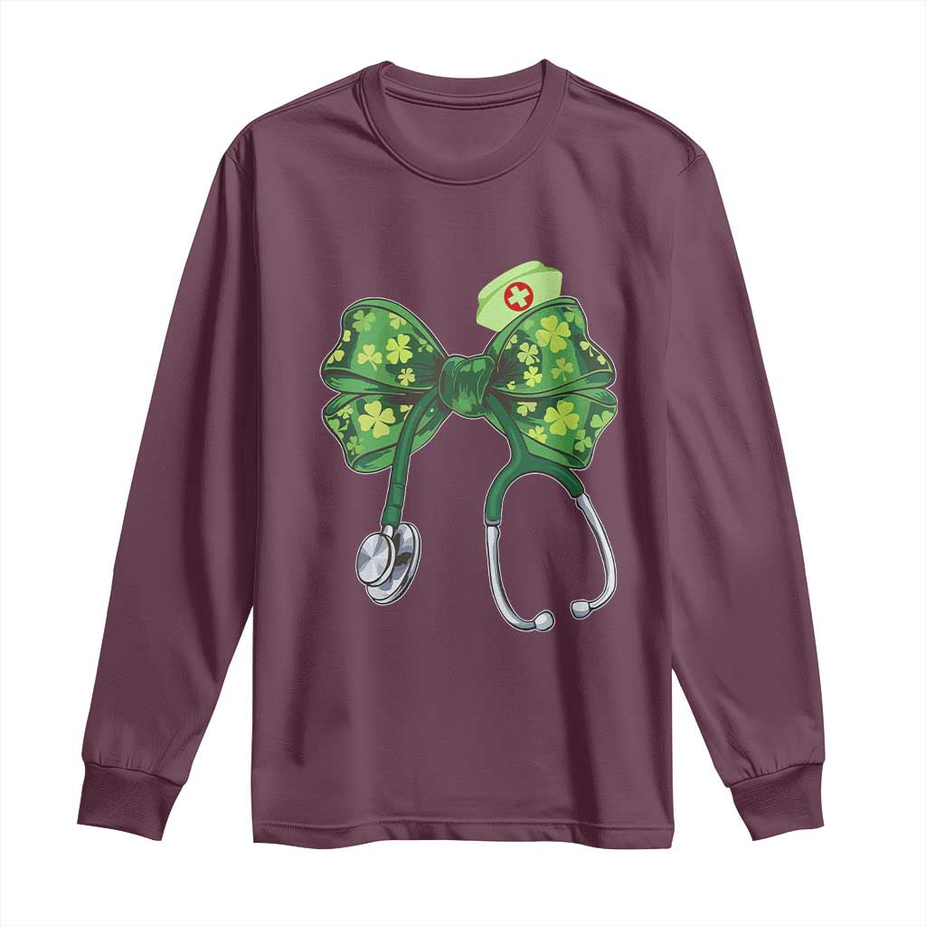 Shamrock Coquette Bow Stethoscope Long Sleeve Shirt Registered Nurse Nursing St Patricks Day TS02 Maroon Print Your Wear