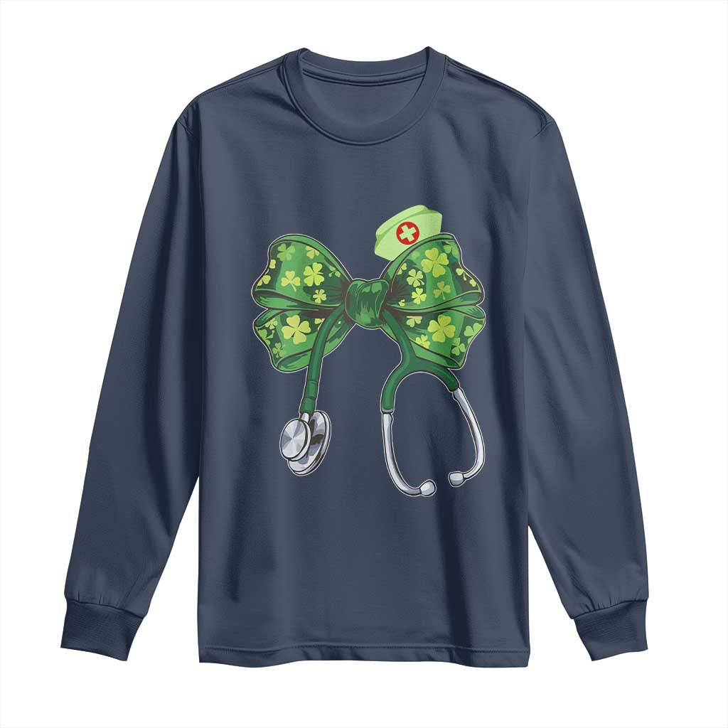 Shamrock Coquette Bow Stethoscope Long Sleeve Shirt Registered Nurse Nursing St Patricks Day TS02 Navy Print Your Wear