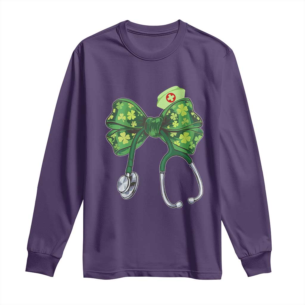 Shamrock Coquette Bow Stethoscope Long Sleeve Shirt Registered Nurse Nursing St Patricks Day TS02 Purple Print Your Wear