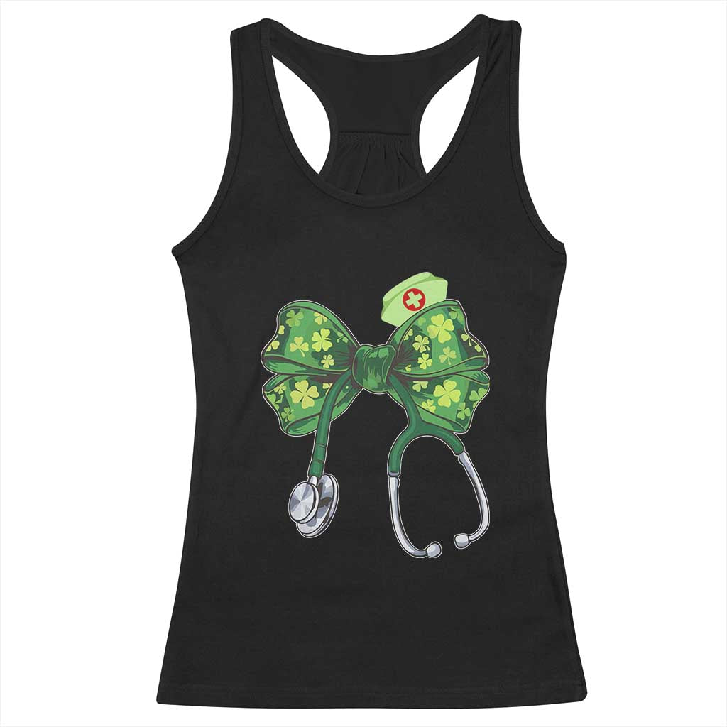 Shamrock Coquette Bow Stethoscope Racerback Tank Top Registered Nurse Nursing St Patricks Day TS02 Black Print Your Wear