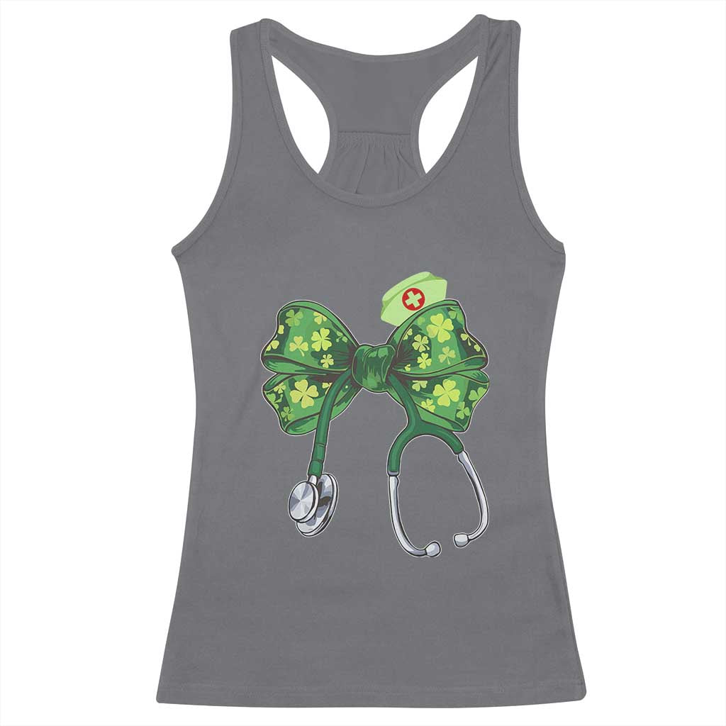 Shamrock Coquette Bow Stethoscope Racerback Tank Top Registered Nurse Nursing St Patricks Day TS02 Charcoal Print Your Wear