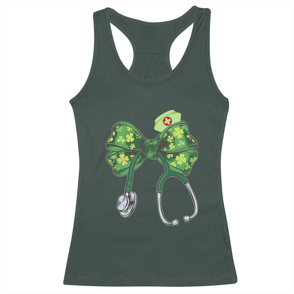 Shamrock Coquette Bow Stethoscope Racerback Tank Top Registered Nurse Nursing St Patricks Day TS02 Dark Forest Green Print Your Wear