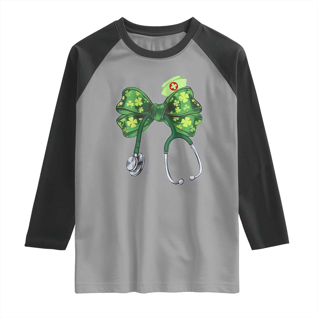 Shamrock Coquette Bow Stethoscope Raglan Shirt Registered Nurse Nursing St Patricks Day TS02 Sport Gray Black Print Your Wear