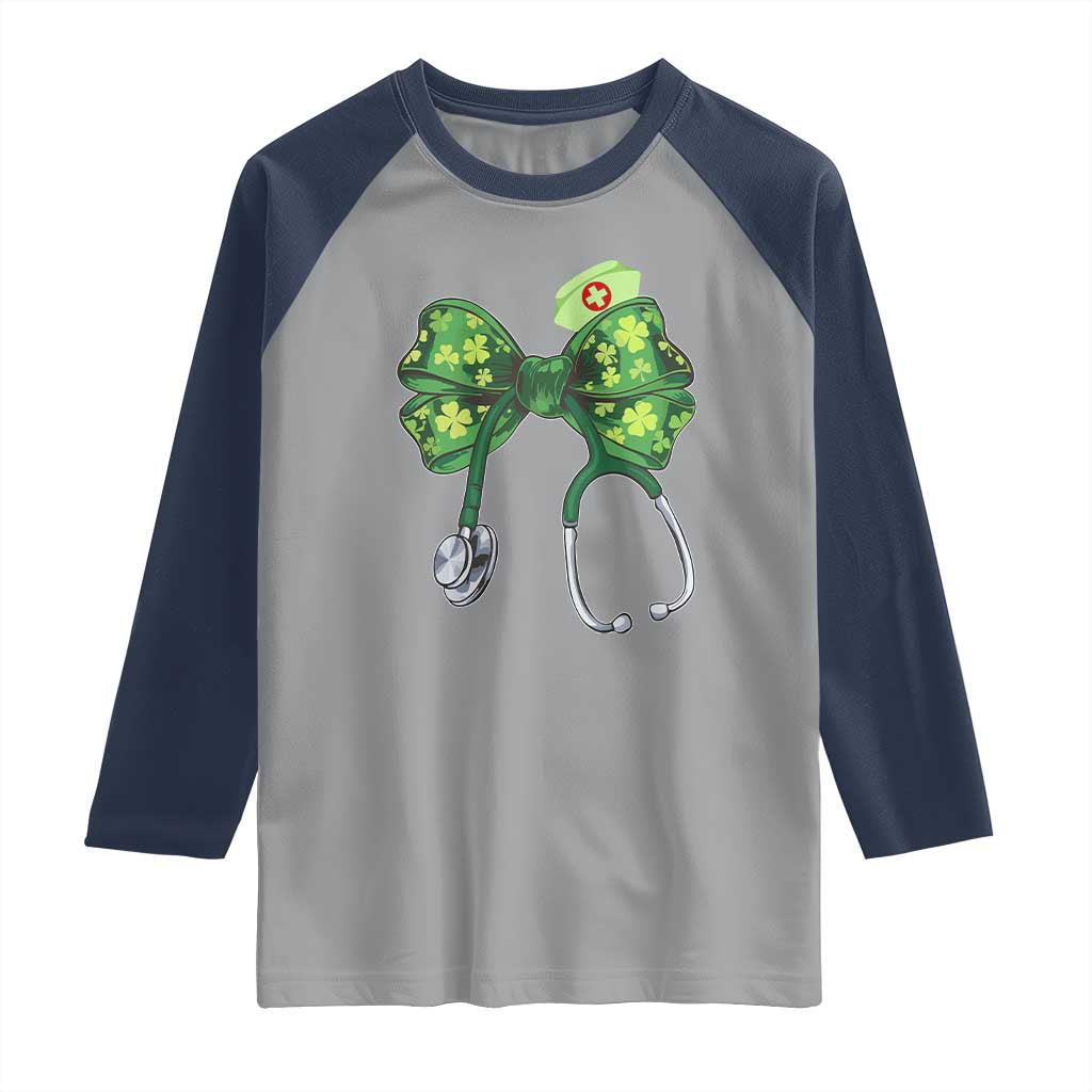 Shamrock Coquette Bow Stethoscope Raglan Shirt Registered Nurse Nursing St Patricks Day TS02 Sport Gray Navy Print Your Wear