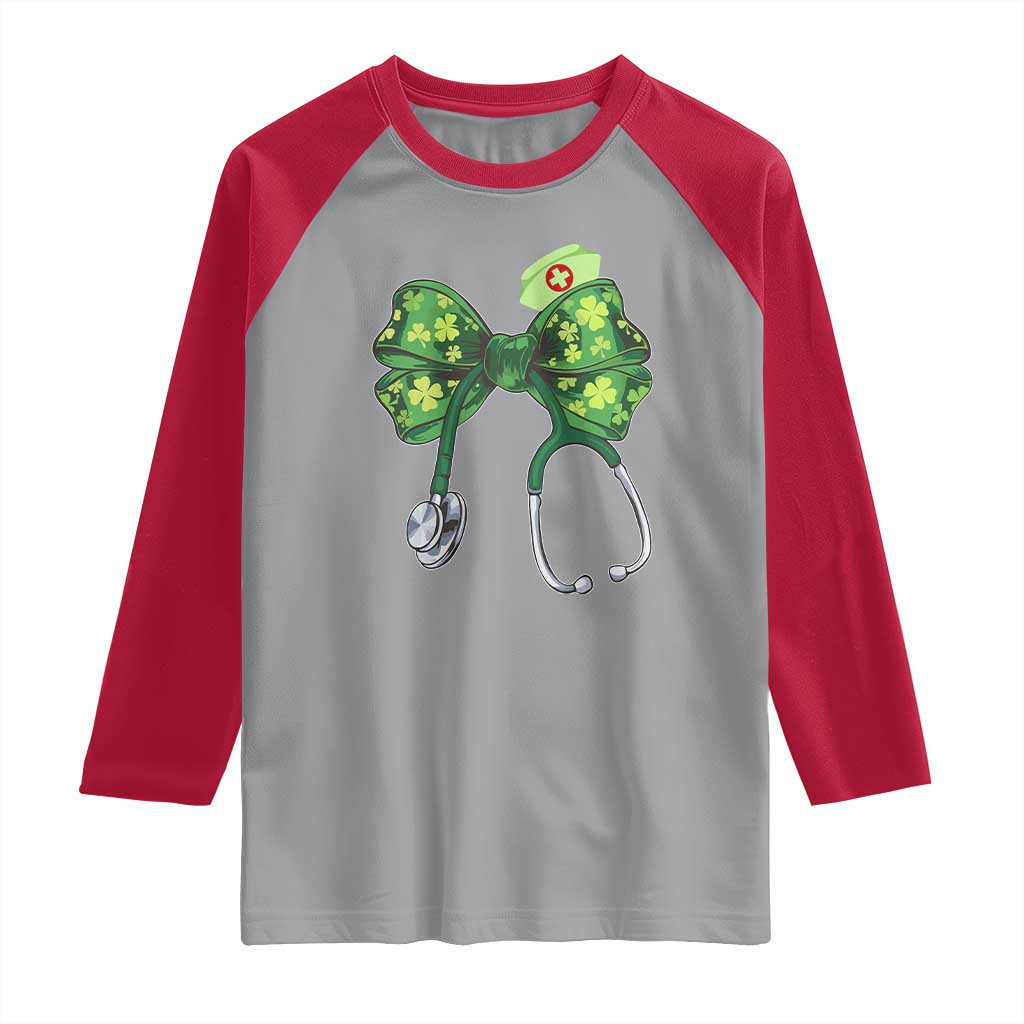 Shamrock Coquette Bow Stethoscope Raglan Shirt Registered Nurse Nursing St Patricks Day TS02 Sport Gray Red Print Your Wear