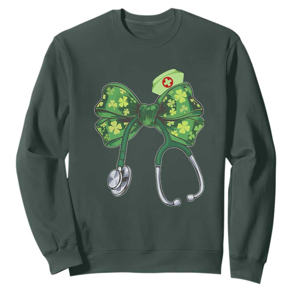 Shamrock Coquette Bow Stethoscope Sweatshirt Registered Nurse Nursing St Patricks Day TS02 Dark Forest Green Print Your Wear