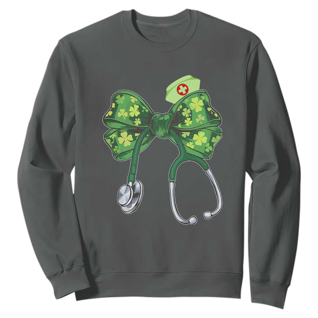 Shamrock Coquette Bow Stethoscope Sweatshirt Registered Nurse Nursing St Patricks Day TS02 Dark Heather Print Your Wear