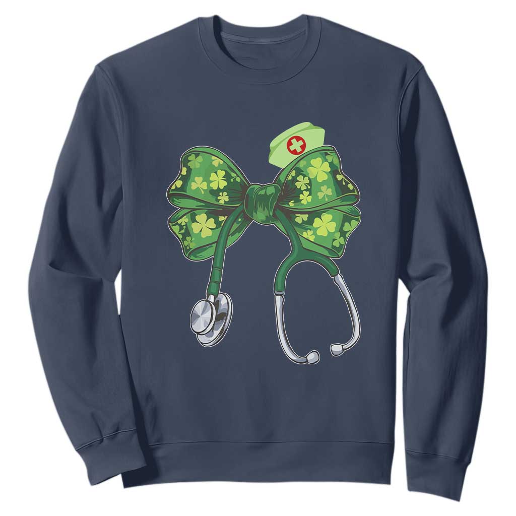 Shamrock Coquette Bow Stethoscope Sweatshirt Registered Nurse Nursing St Patricks Day TS02 Navy Print Your Wear