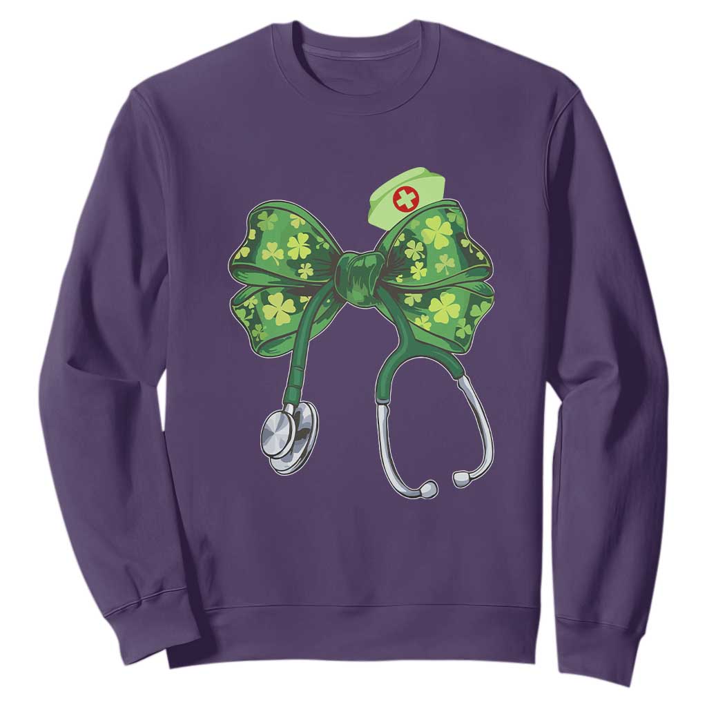 Shamrock Coquette Bow Stethoscope Sweatshirt Registered Nurse Nursing St Patricks Day TS02 Purple Print Your Wear
