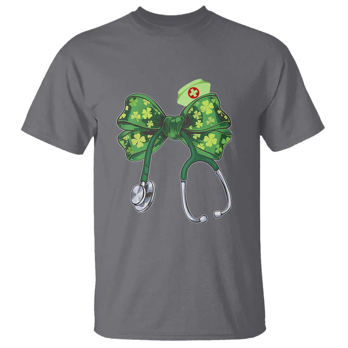 Shamrock Coquette Bow Stethoscope T Shirt Registered Nurse Nursing St Patricks Day TS02 Charcoal Print Your Wear