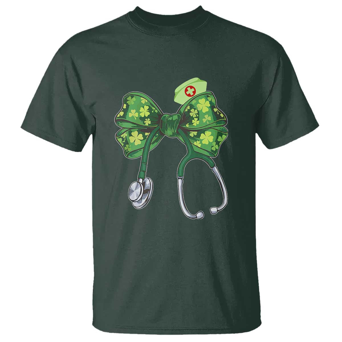 Shamrock Coquette Bow Stethoscope T Shirt Registered Nurse Nursing St Patricks Day TS02 Dark Forest Green Print Your Wear