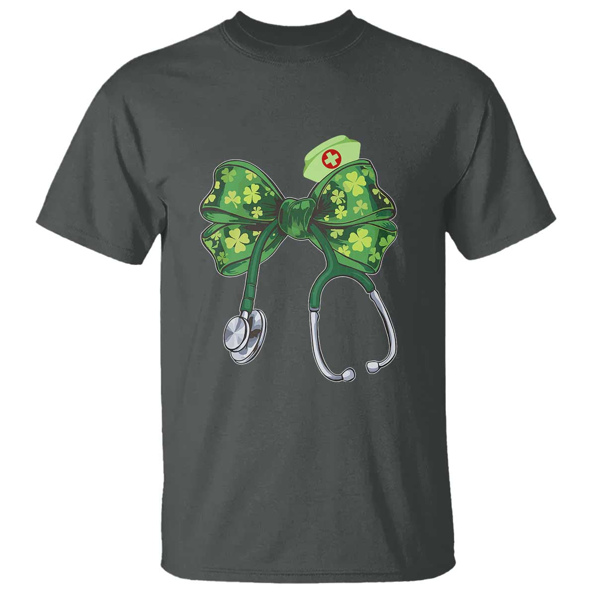 Shamrock Coquette Bow Stethoscope T Shirt Registered Nurse Nursing St Patricks Day TS02 Dark Heather Print Your Wear