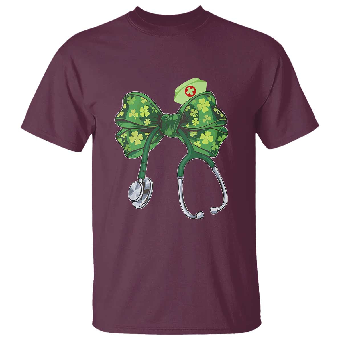 Shamrock Coquette Bow Stethoscope T Shirt Registered Nurse Nursing St Patricks Day TS02 Maroon Print Your Wear