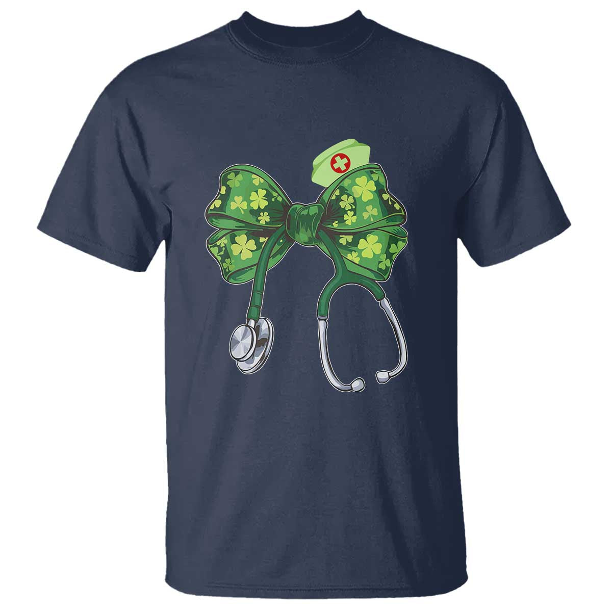 Shamrock Coquette Bow Stethoscope T Shirt Registered Nurse Nursing St Patricks Day TS02 Navy Print Your Wear