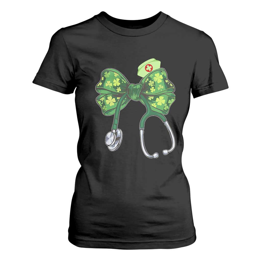 Shamrock Coquette Bow Stethoscope T Shirt For Women Registered Nurse Nursing St Patricks Day TS02 Black Print Your Wear